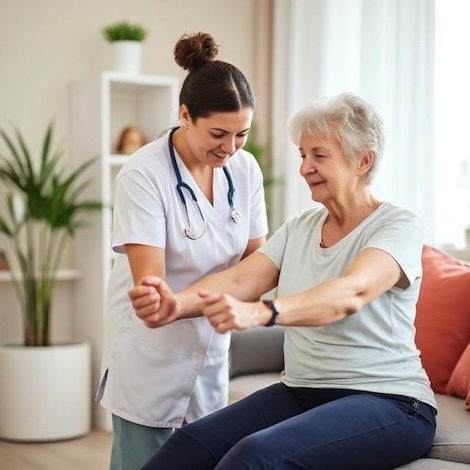 Home physiotherapy session helping patient regain mobility